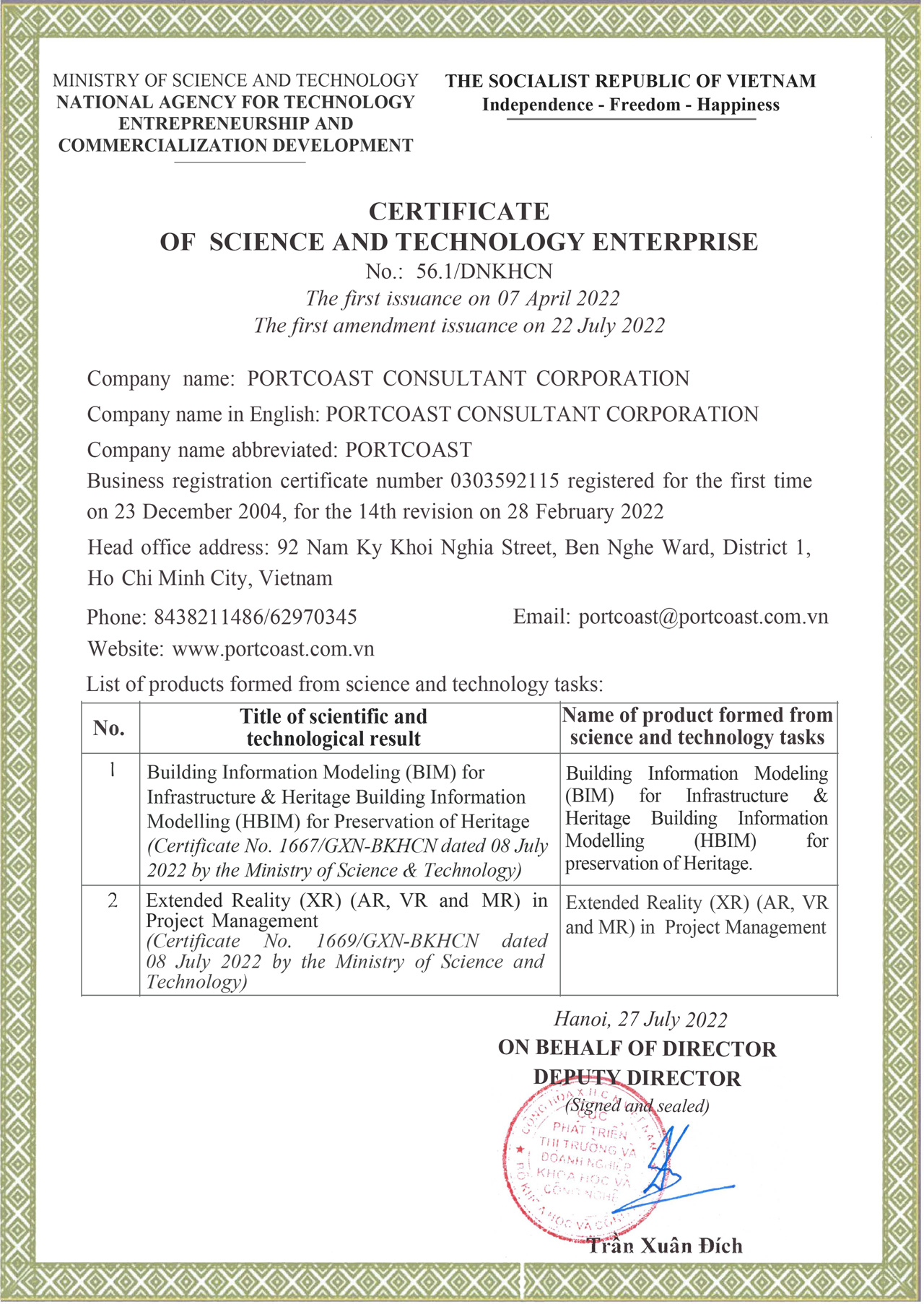 Chứng chỉ - Bằng khen PORTCOAST